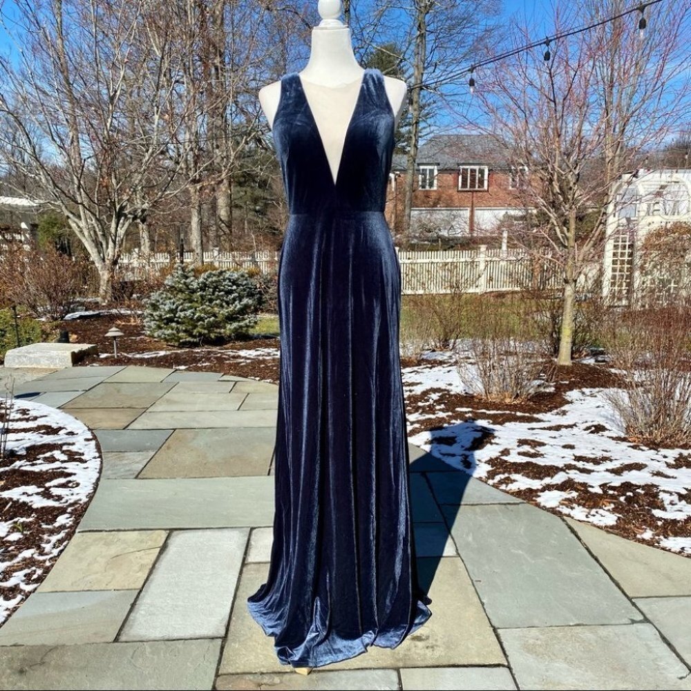 NWT BHLDN Jenny Yoo Logan Velvet Maxi Dress in French Blue 18